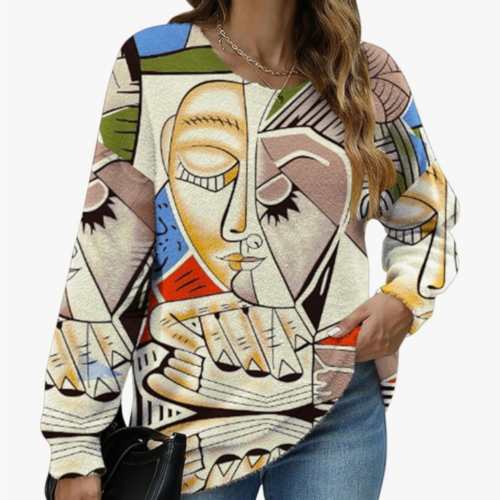 Graphic Oversized Long Sleeve Boho Printed Loose Fit Pullover Sweaters OS NWT